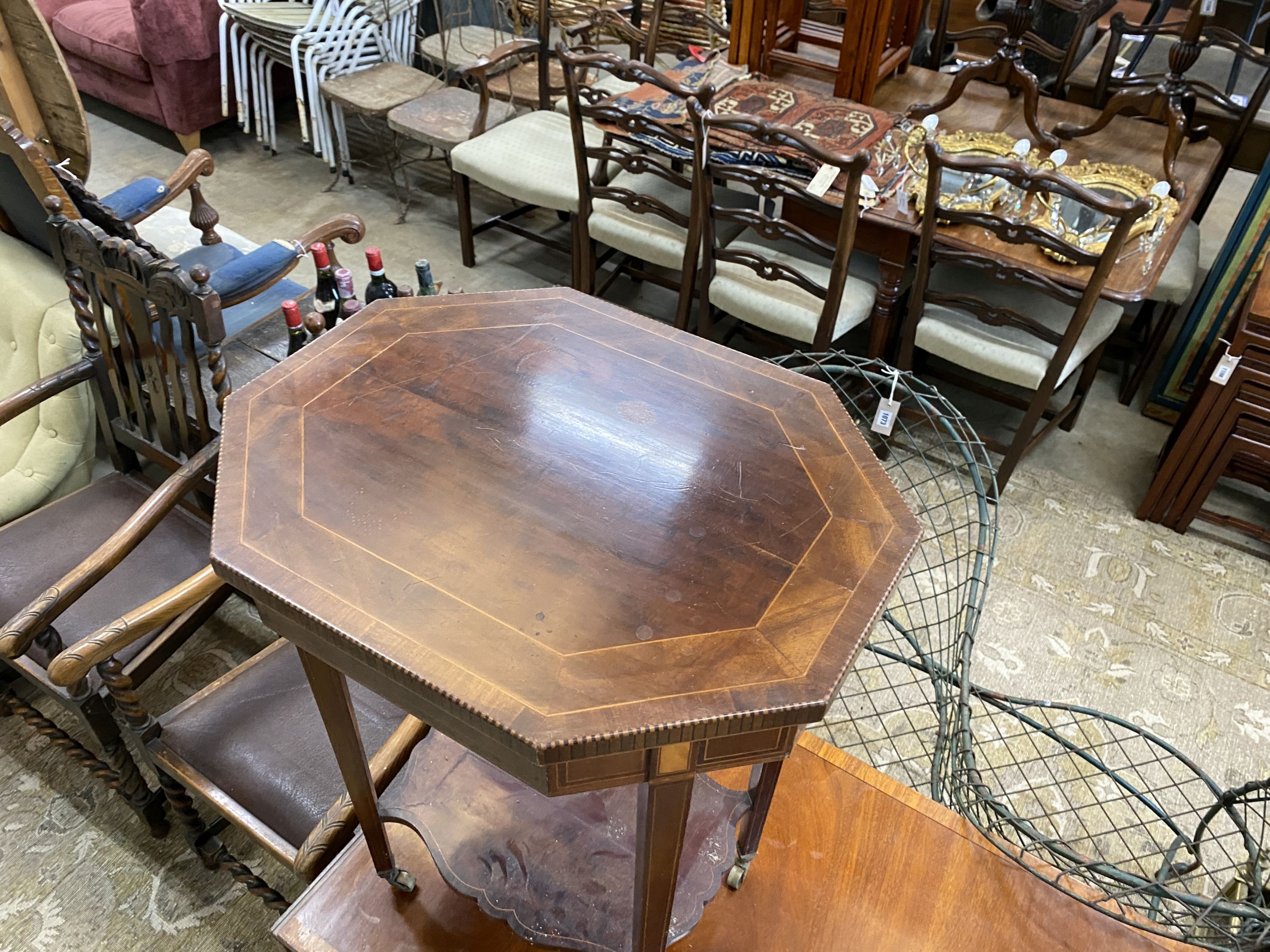 A Regency style banded mahogany sofa table together with an Edwardian octagonal mahogany centre table, larger width 98cm, depth 61cm, height 74cm